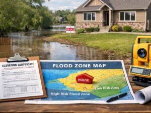 elevation certificate for flood zone property insurance - herriman land surveying Elevation certificate and flood zone map showing how property elevation affects flood risk and insurance costs